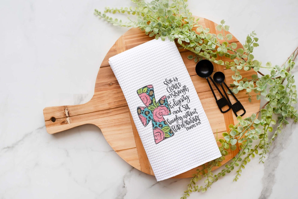 Proverbs 31:25 Kitchen Towel, Floral Dish Towel, Tea Towel
