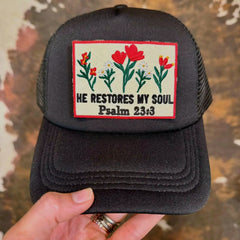 He Restores My Soul Hat – Psalm 23:3 Christian Trucker Hat | The Scripture Store