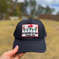 He Restores My Soul Hat – Psalm 23:3 Christian Trucker Hat | The Scripture Store
