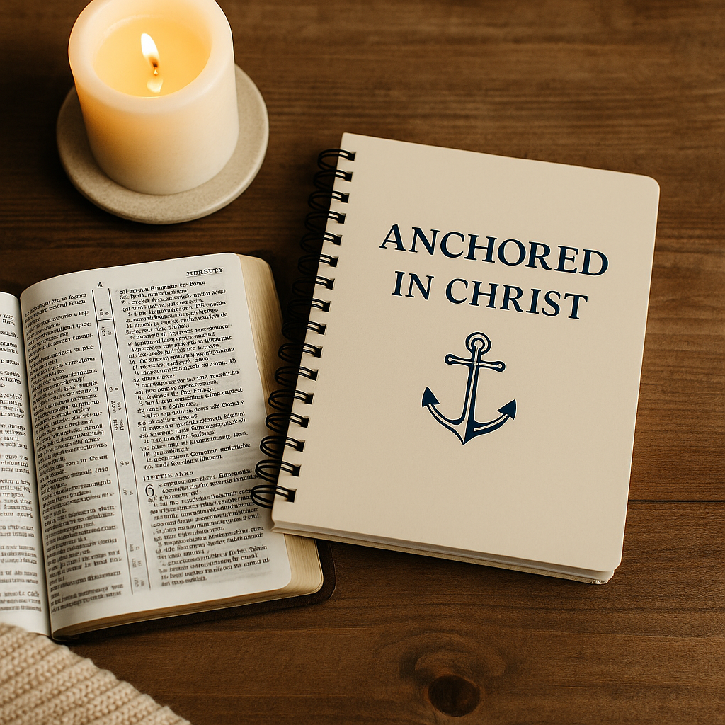 Open Bible beside candle and journal titled Anchored in Christ, faith-based devotional setting.