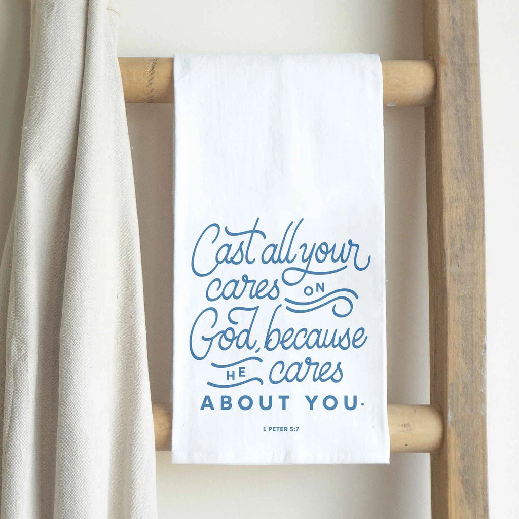 Cast All Your Cares on God Tea Towel - Home and Kitchen Decor