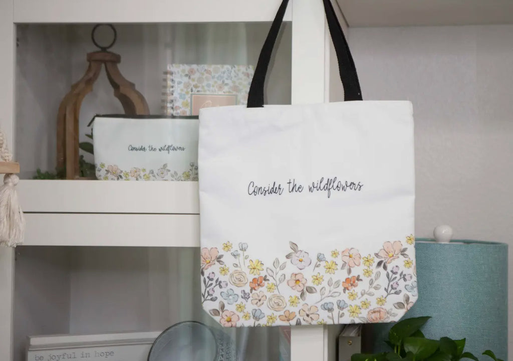 Consider the Wildflowers” Floral Scripture Tote Bag – Christian Tote for Men & Women | Bible Study, Daily Carry & Encouragement