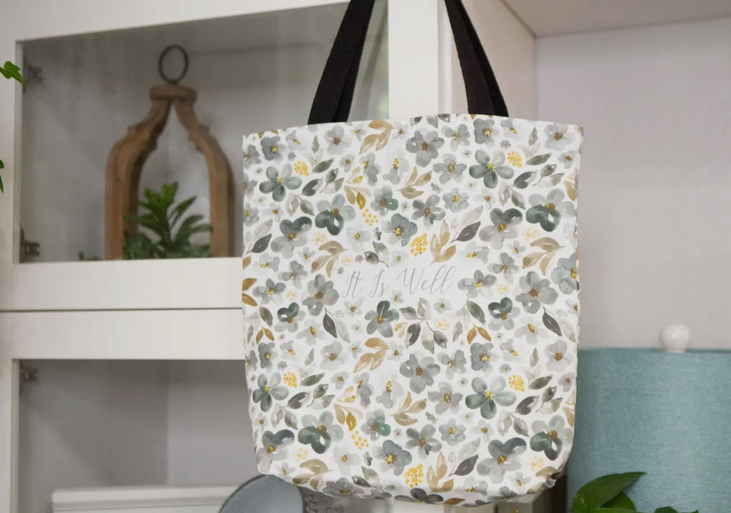 “It Is Well” Floral Scripture Tote Bag – Christian Tote for Men & Women | Daily Carry, Church, Bible Study & Encouragement