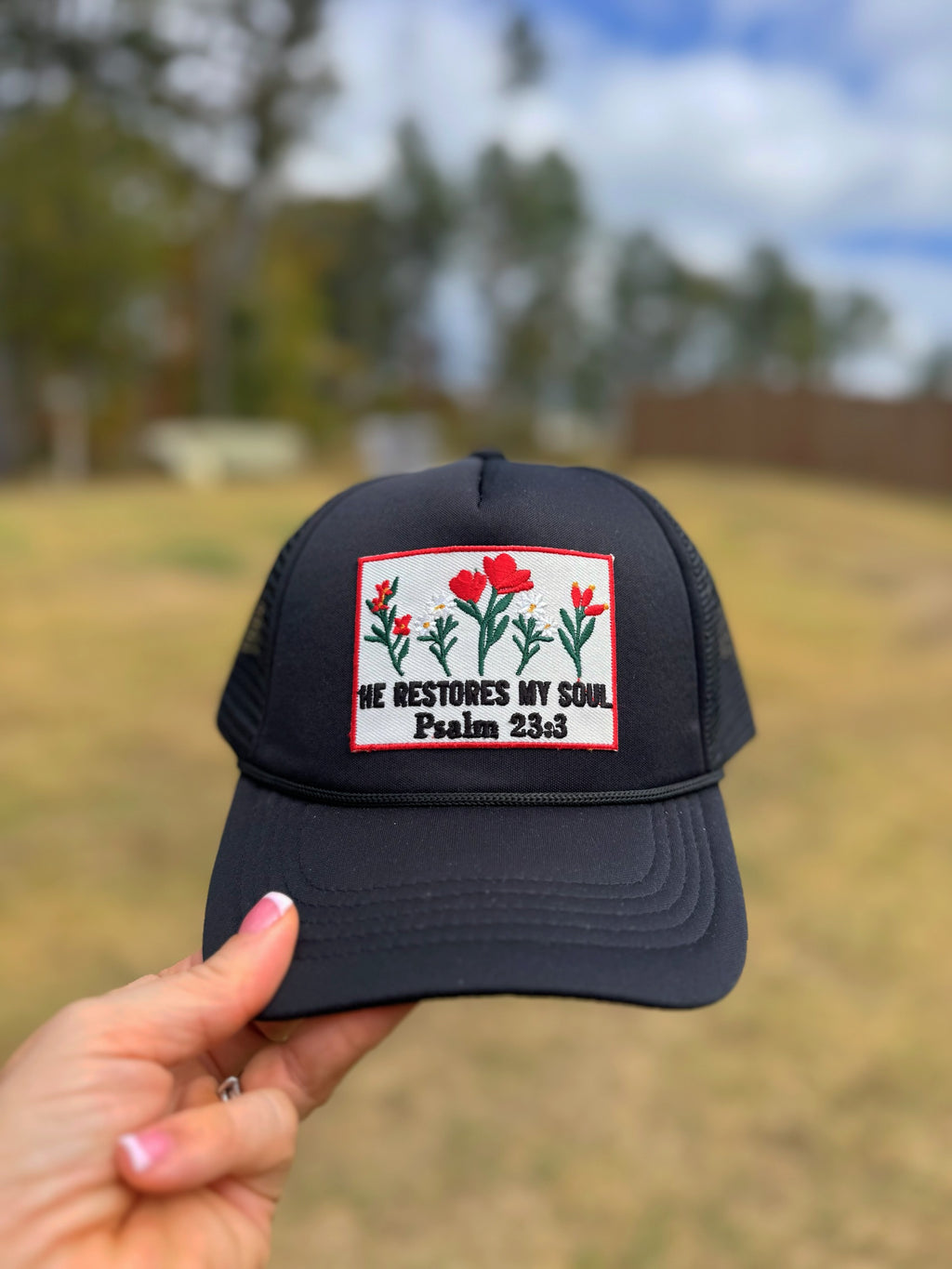 He Restores My Soul Hat – Psalm 23:3 Christian Trucker Hat | The Scripture Store